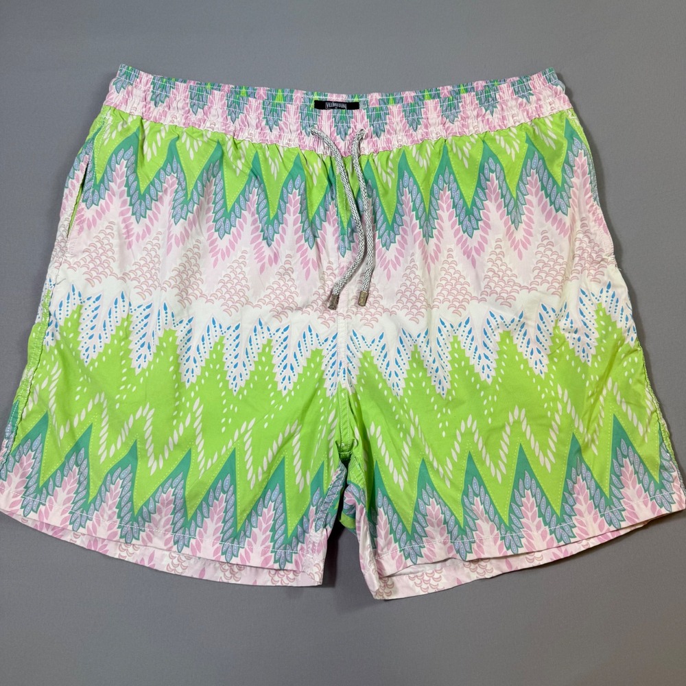 Vilebrequin Swim Trunks Mens XXXL Green Pink Moorea Chevron Print Short No Liner